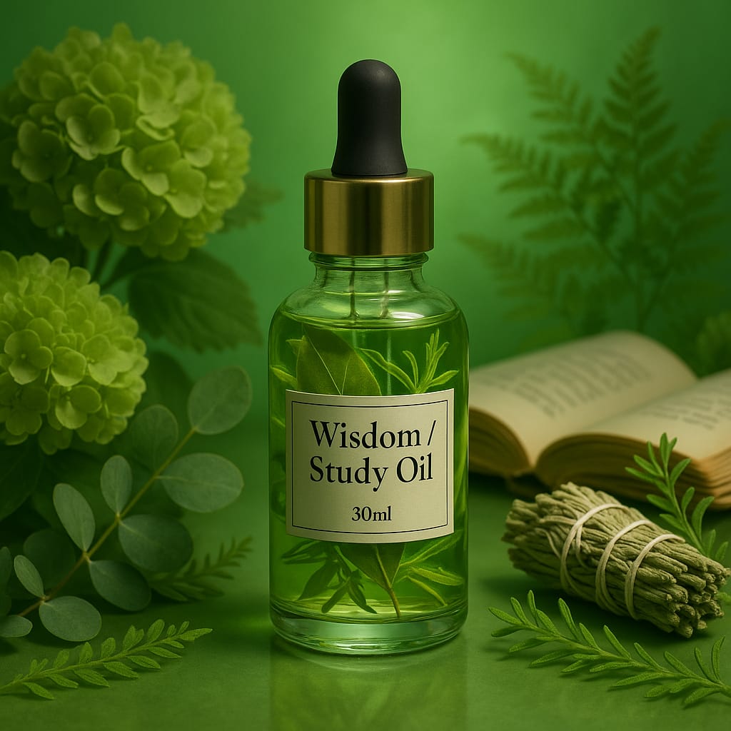 “Study & Wisdom Oil – Focus, Clarity & Mental Power” A sacred blend to sharpen your mind, unlock clarity, and awaken inner wisdom.